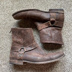 Size 12 Men’s Distresed Brown Frye Boots: Moto Style with Harness and Round Toe